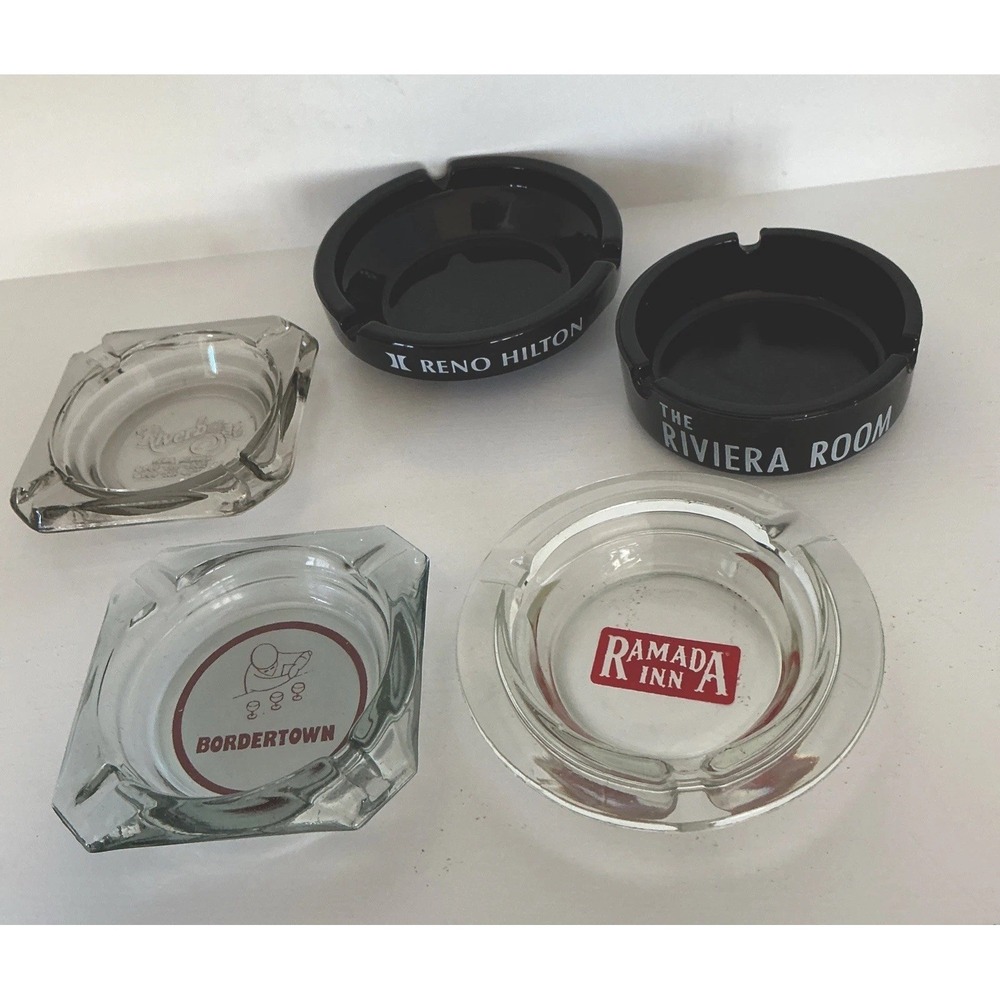 Vintage Glass Souvenir Reno Nevada Area Casino Ashtrays – Mixed Group of 5 MCM